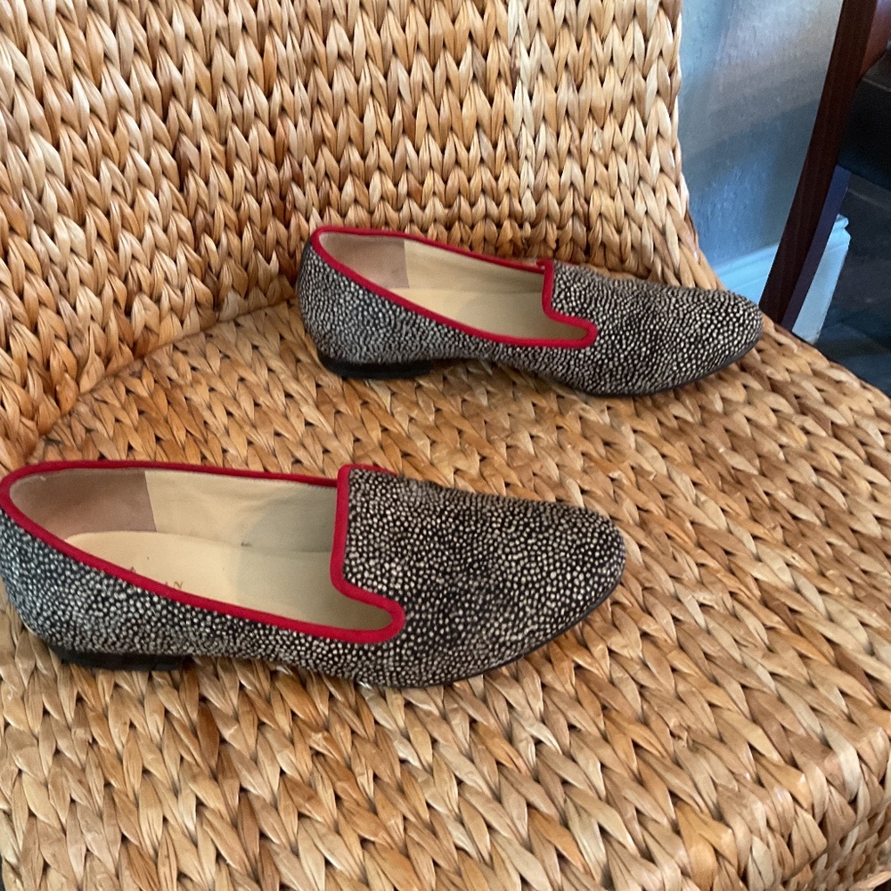 Cole Haan spotted calf hair flats with red trim